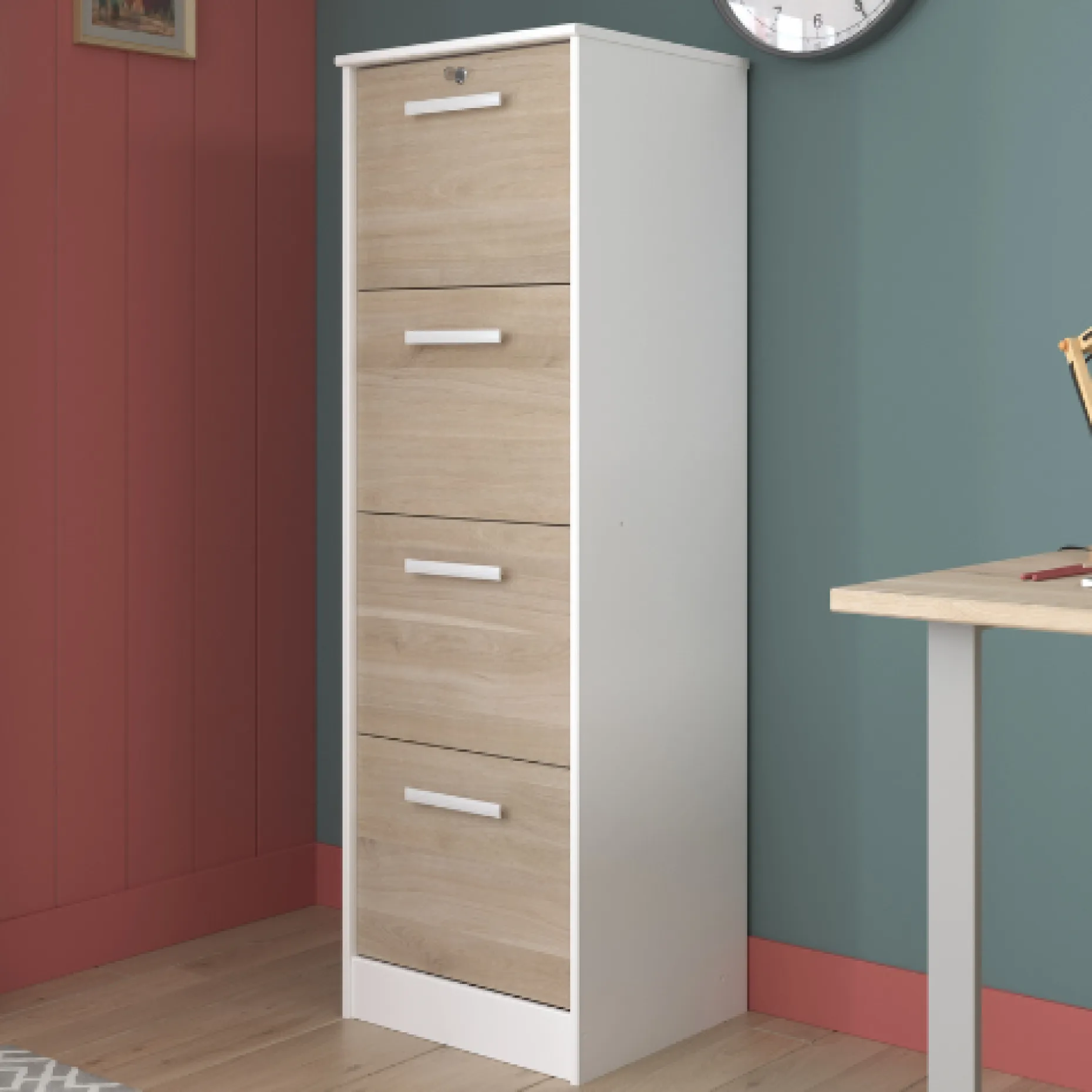 Aktenschrank Sil-138cm-4 Schubladen-weiß/Eiche