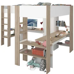 Alexandrie Doppelhochbett - 90x200 - mit Schreibtisch - Eiche/Weiß