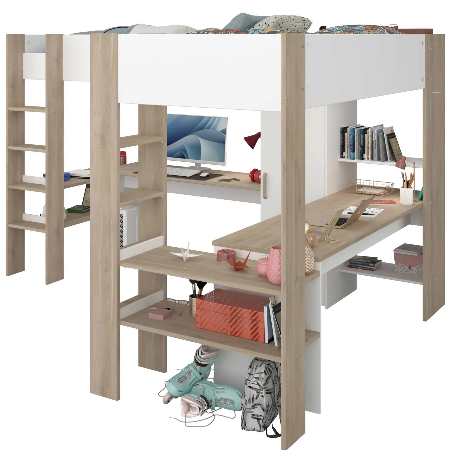 Alexandrie Doppelhochbett - 90x200 - mit Schreibtisch - Eiche/Weiß