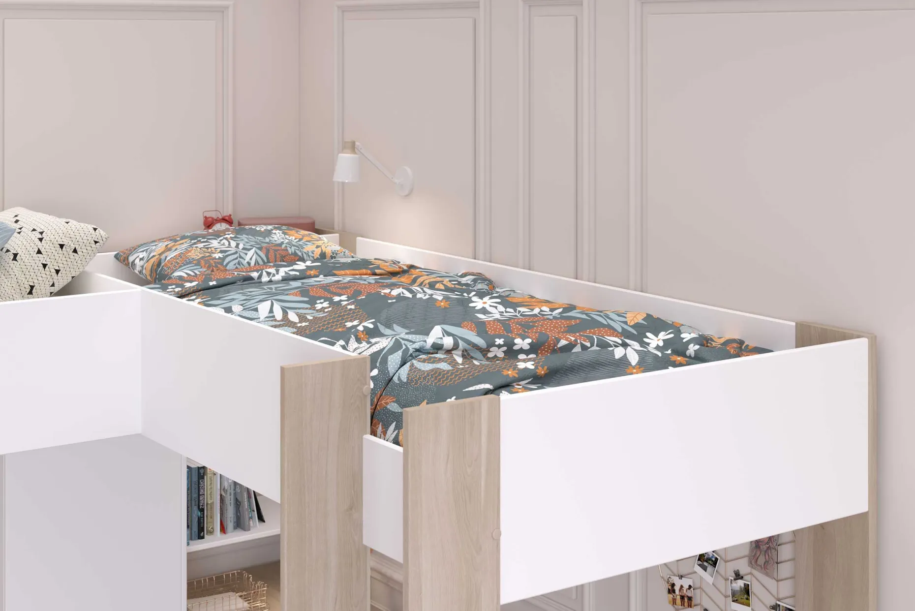 Alexandrie Doppelhochbett - 90x200 - mit Schreibtisch - Eiche/Weiß