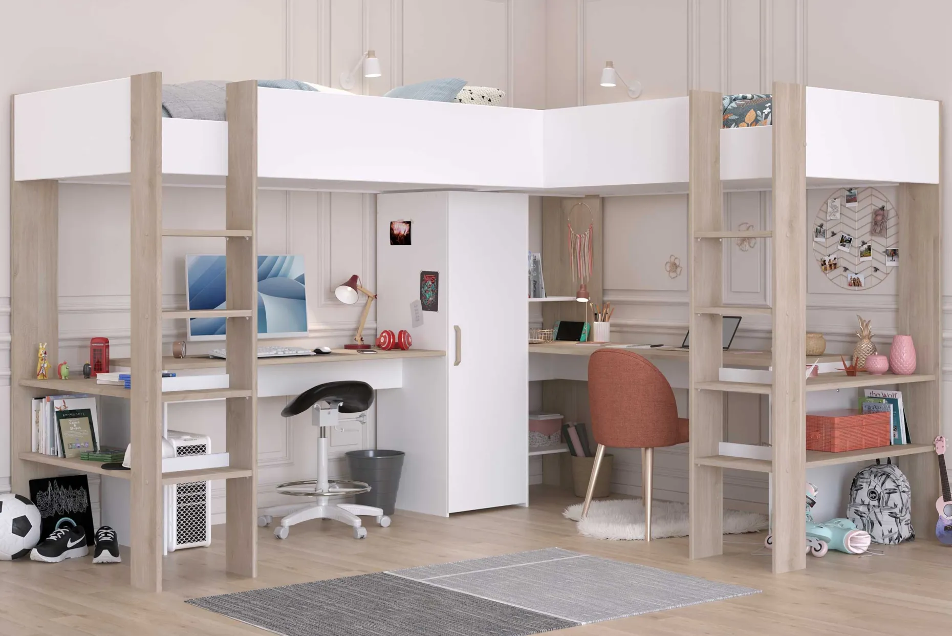 Alexandrie Doppelhochbett - 90x200 - mit Schreibtisch - Eiche/Weiß