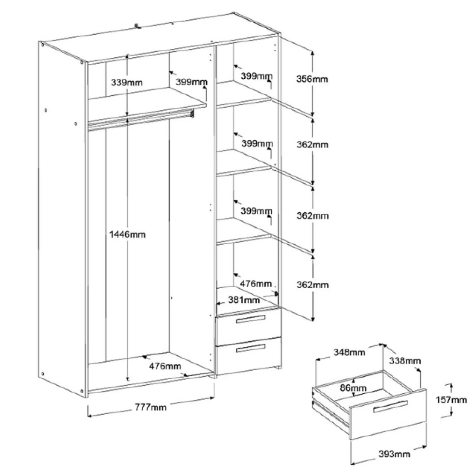 Parisot AlmaSchlafzimmer : Bett 160x200cm, Nachttisch, Kleiderschrank - Eichendekor