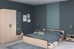 Parisot AlmaSchlafzimmer : Bett 160x200cm, Nachttisch, Kleiderschrank - Eichendekor