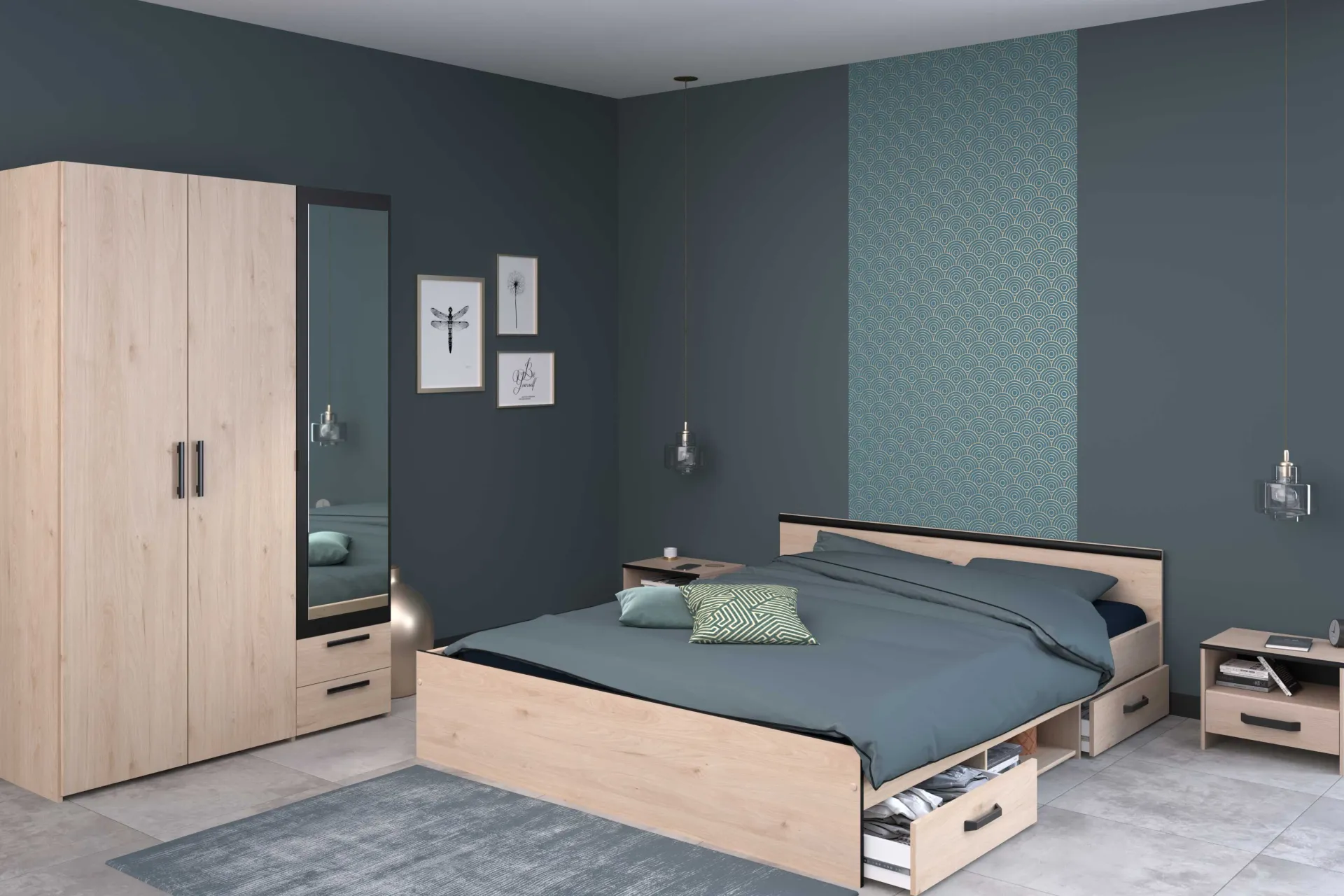 Parisot AlmaSchlafzimmer : Bett 160x200cm, Nachttisch, Kleiderschrank - Eichendekor