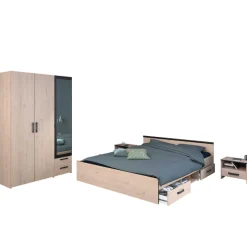 Parisot AlmaSchlafzimmer : Bett 160x200cm, Nachttisch, Kleiderschrank - Eichendekor