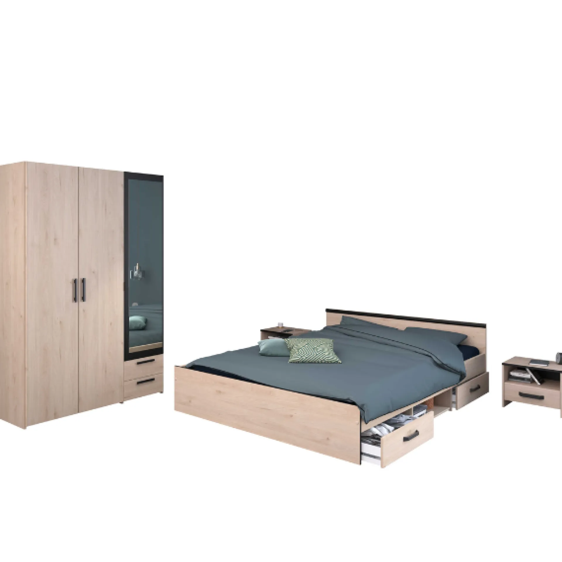 Parisot AlmaSchlafzimmer : Bett 140x190cm, Nachttisch, Kleiderschrank - Eichendekor