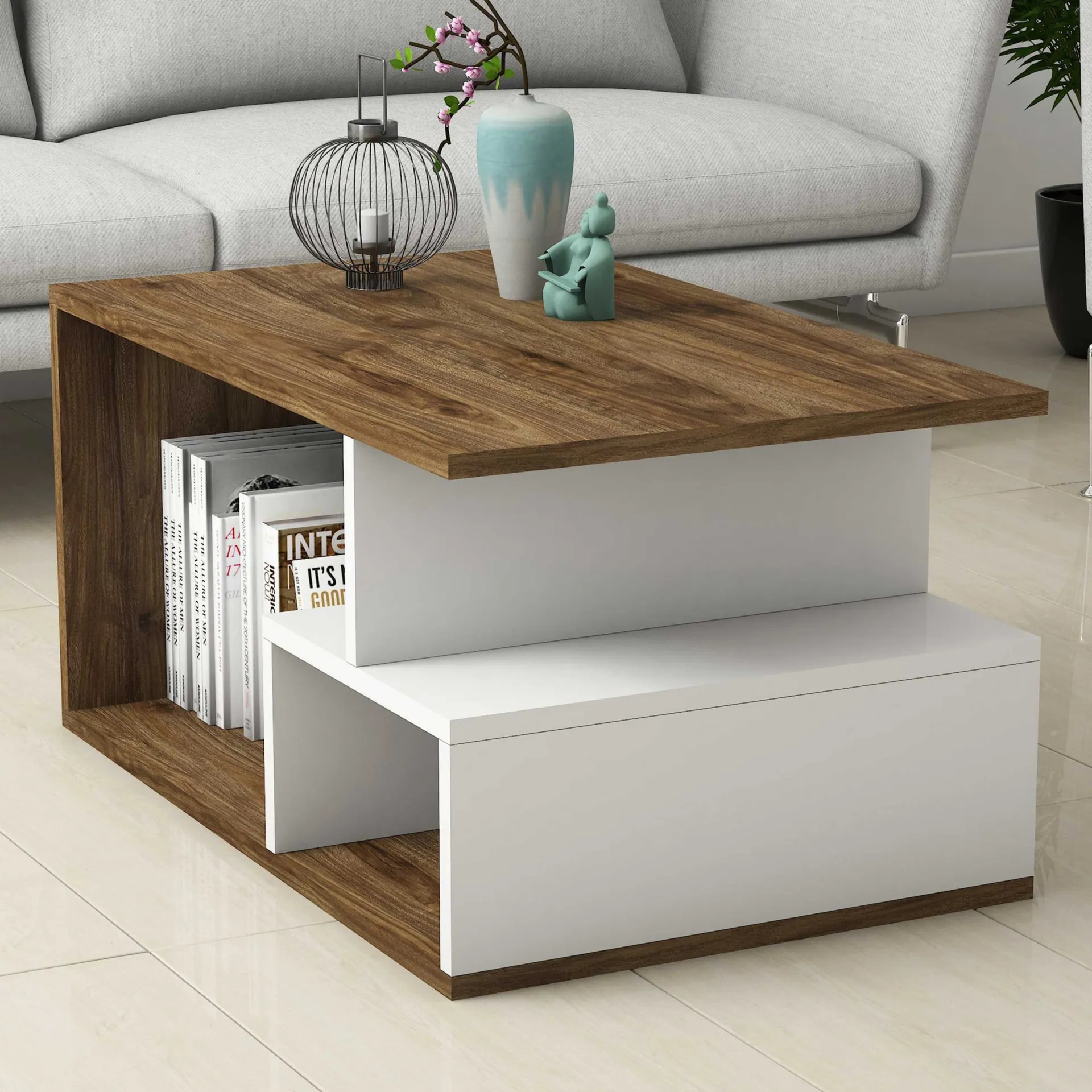 Emob Arte 2042 Couchtisch | 100 % MELAMIN | Dunkles Walnussholz, Weiß