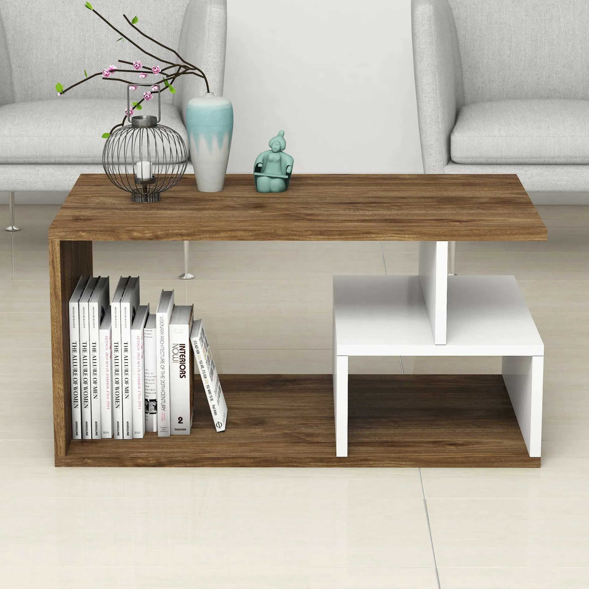 Emob Arte 2042 Couchtisch | 100 % MELAMIN | Dunkles Walnussholz, Weiß