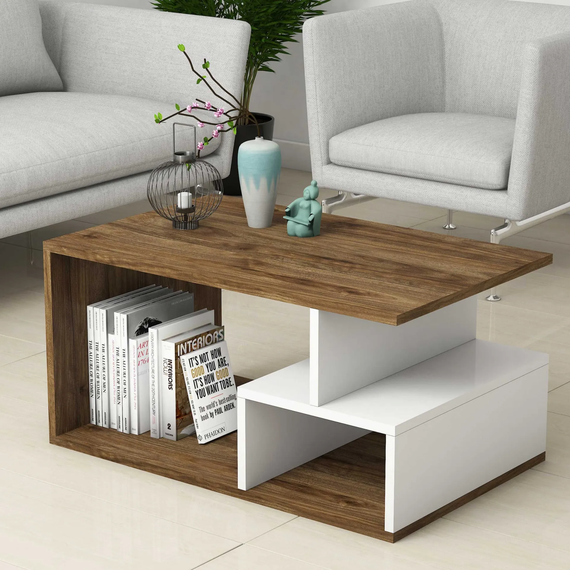 Emob Arte 2042 Couchtisch | 100 % MELAMIN | Dunkles Walnussholz, Weiß