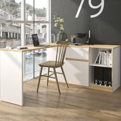 Gautier - Diagone Ausziehbarer Eckschreibtisch Gibral 155x136cm - weiß/Eiche Dekor