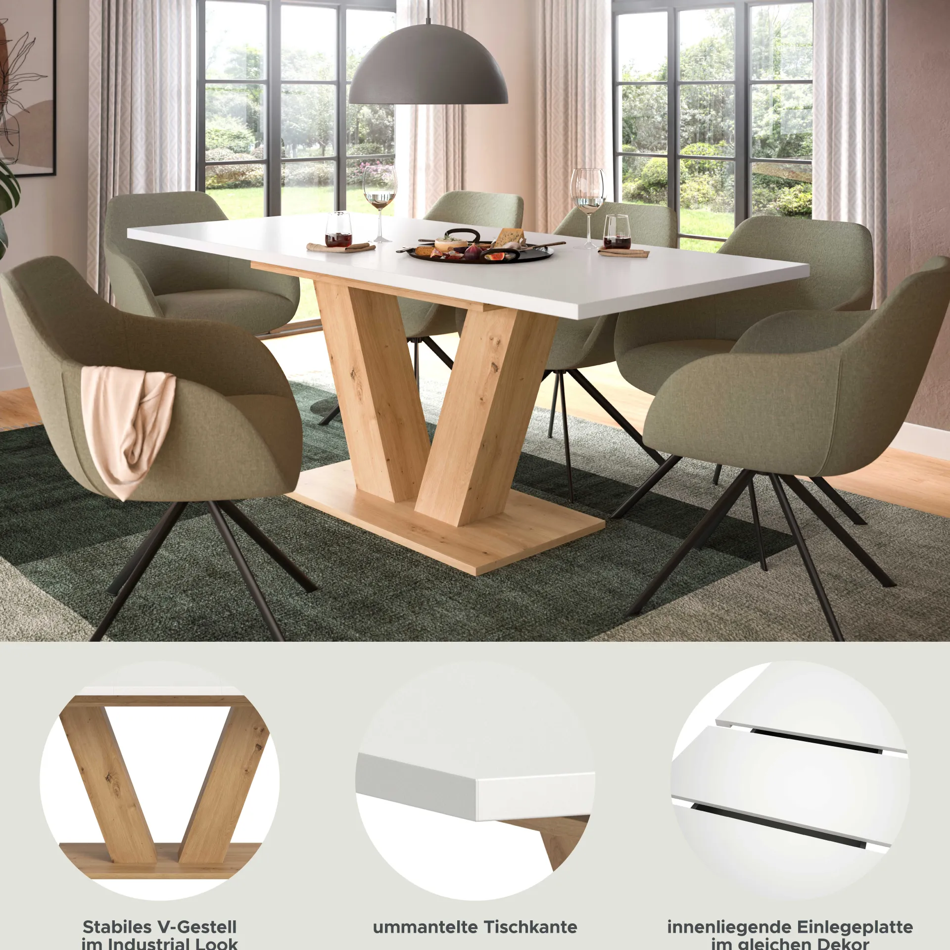 Xonox Ausziehbarer Esstisch Motion Emob - V-Base, Weiß/Natur, 150-190x76x90 cm