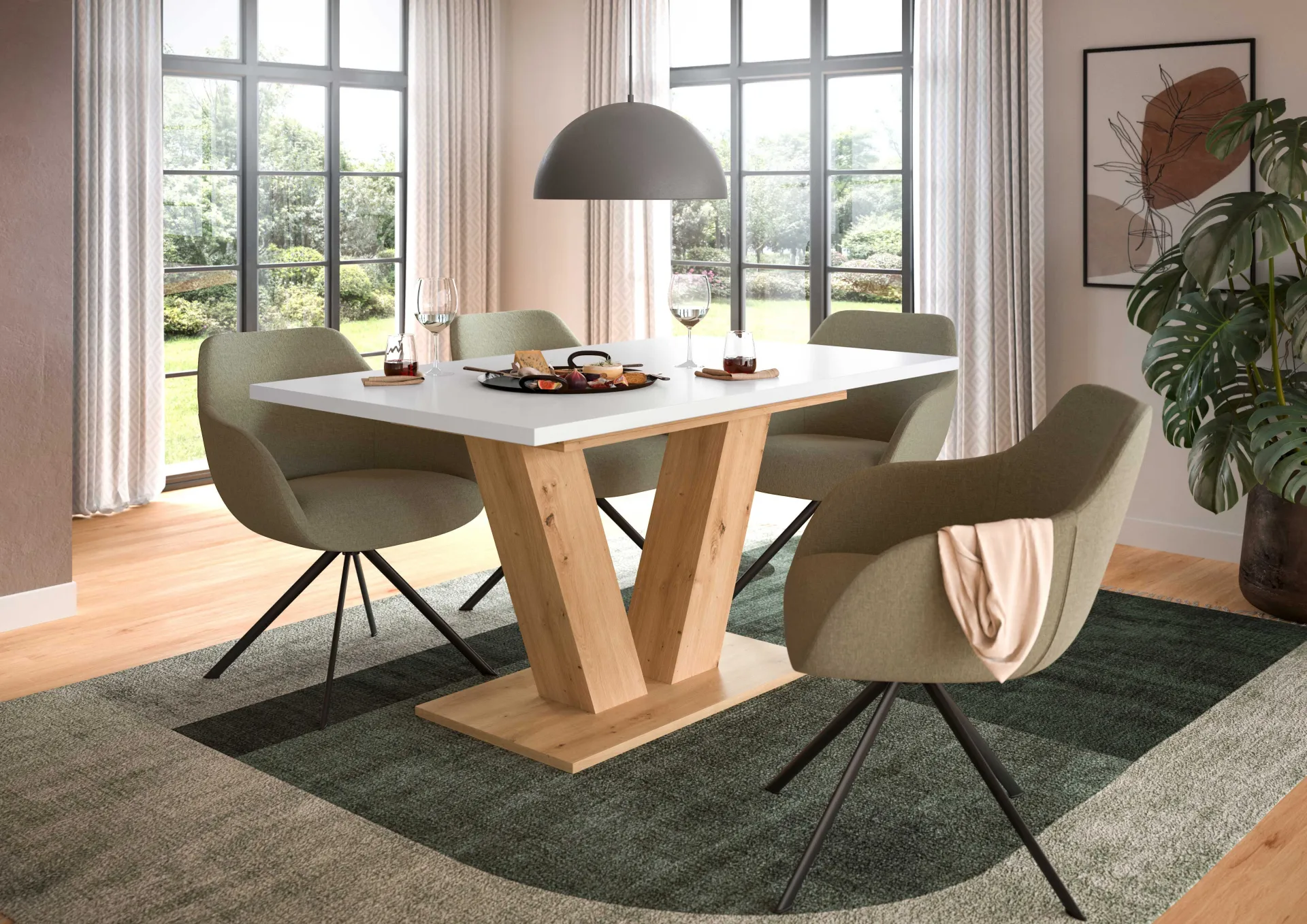 Xonox Ausziehbarer Esstisch Motion Emob - V-Base, Weiß/Natur, 150-190x76x90 cm