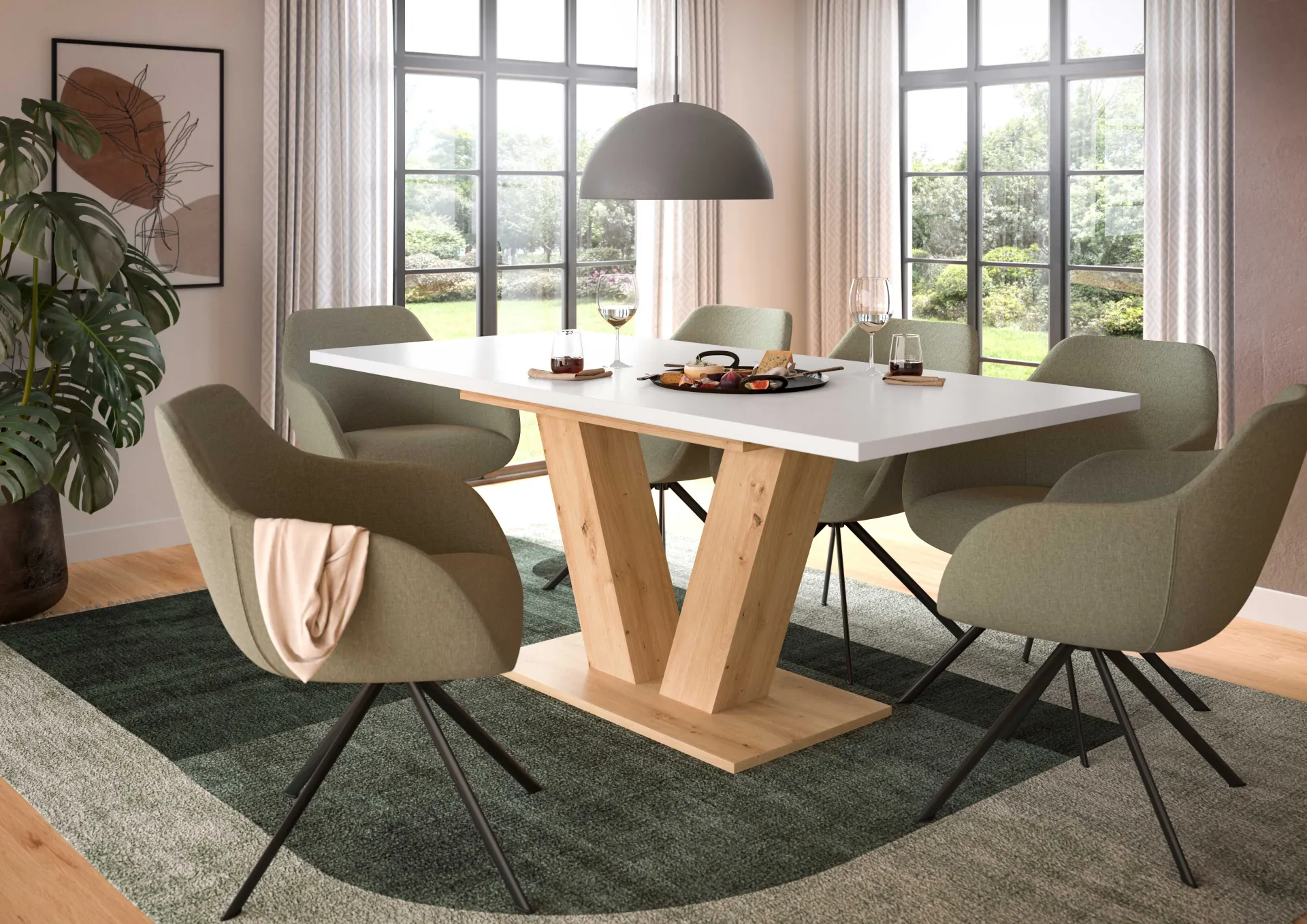 Xonox Ausziehbarer Esstisch Motion Emob - V-Base, Weiß/Natur, 150-190x76x90 cm