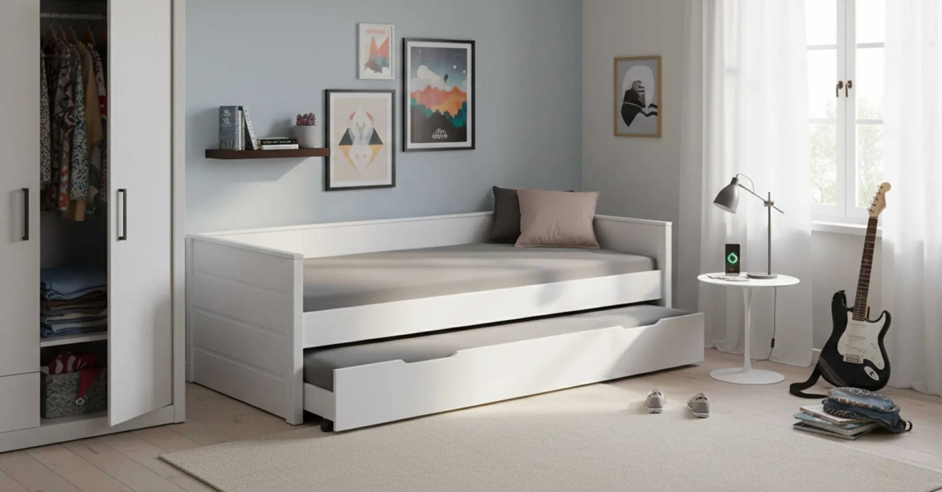 Ausziehbares Bett Dream The Future | 208,4 x 60 x 98,2 | 100% Melamin beschichtet | Farbe: Weiß