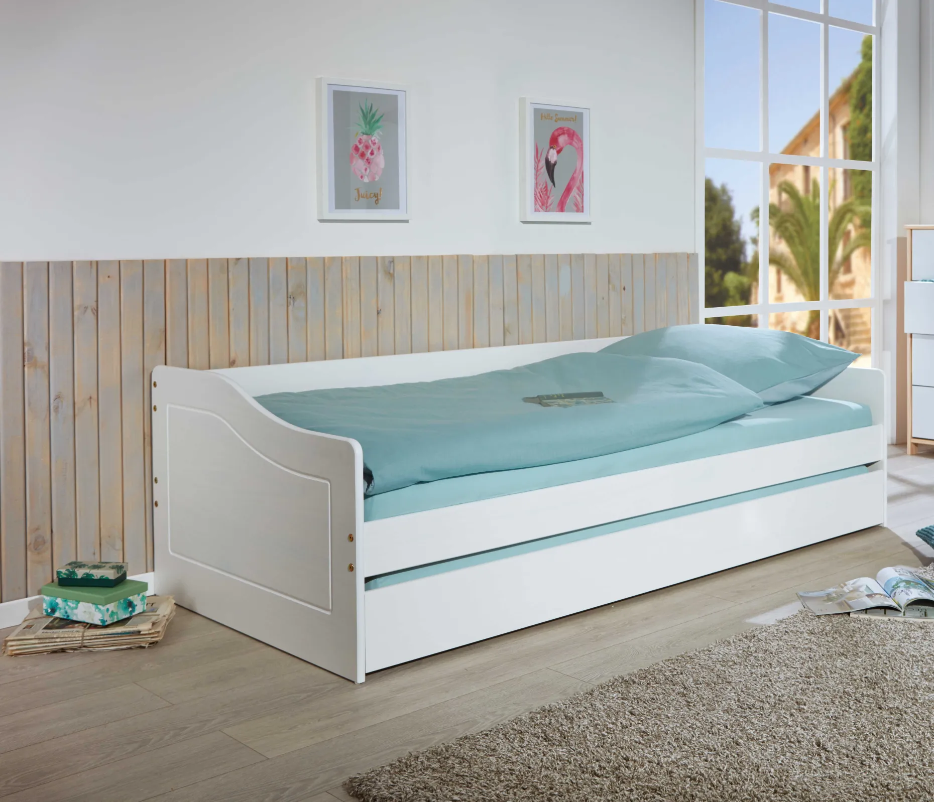 Ausziehbares Bett Leonie | 207 x 96,5 x 62 cm | 100% Melamin beschichtet | Farbe: Weiß
