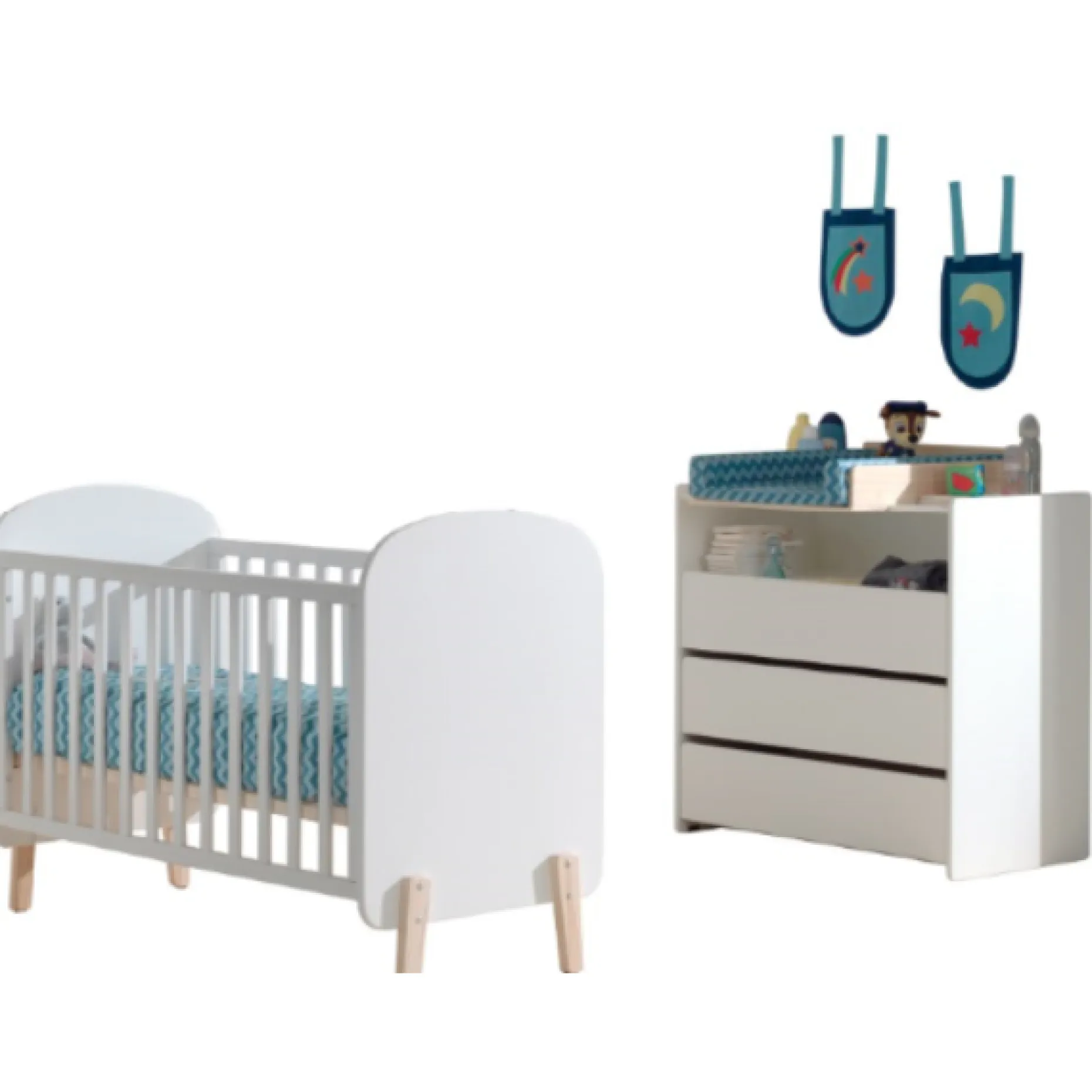 Babybett 60x120 cm und Wickeltisch mit Windelbrett-weiß