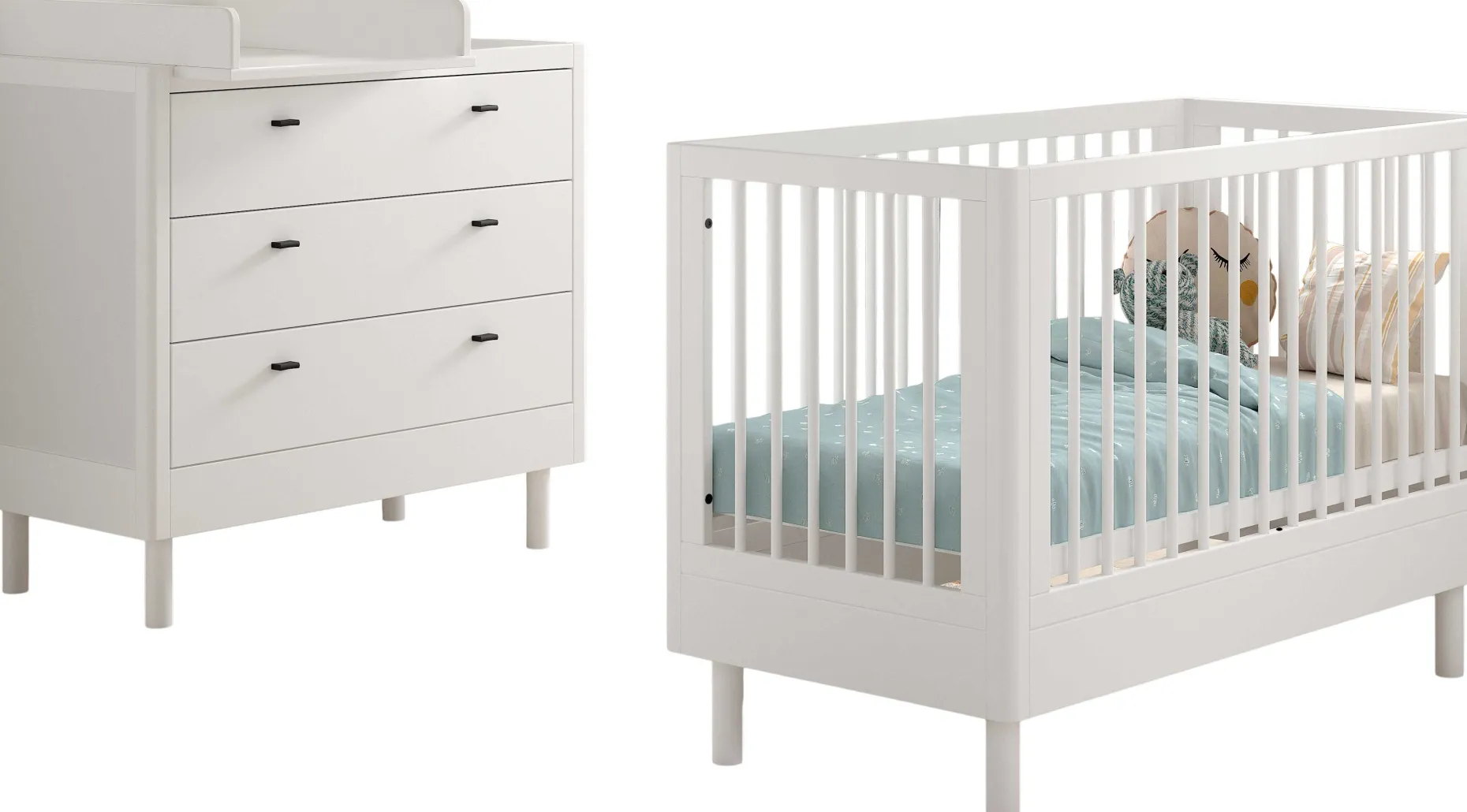 Babyzimmer Forrest: Babybett 60x120cm, Kommode mit Windelregal - Weißbuche