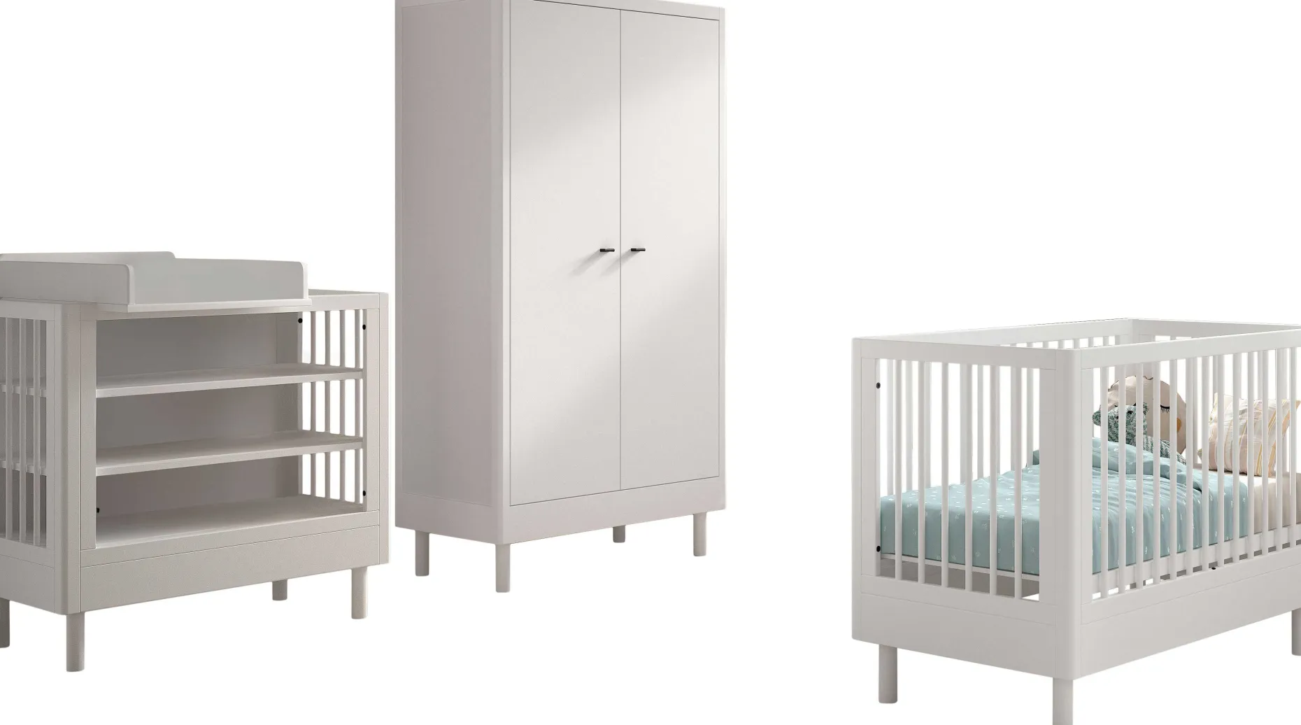 Babyzimmer Forrest: Babybett 60x120cm, Wickeltisch, Kleiderschrank - Weißbuche