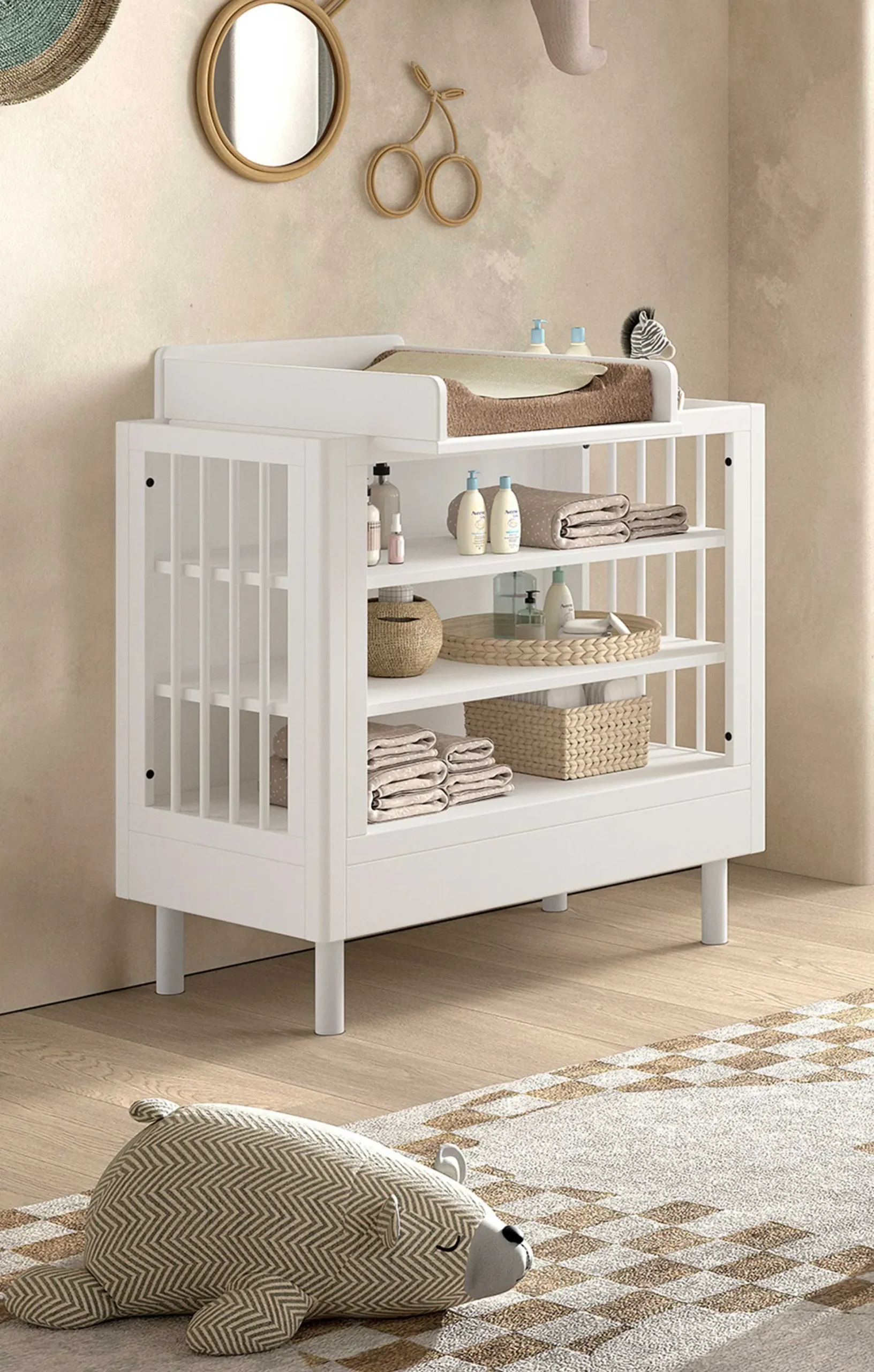 Babyzimmer Forrest: Babybett 60x120cm, Wickeltisch, Kleiderschrank - Weißbuche