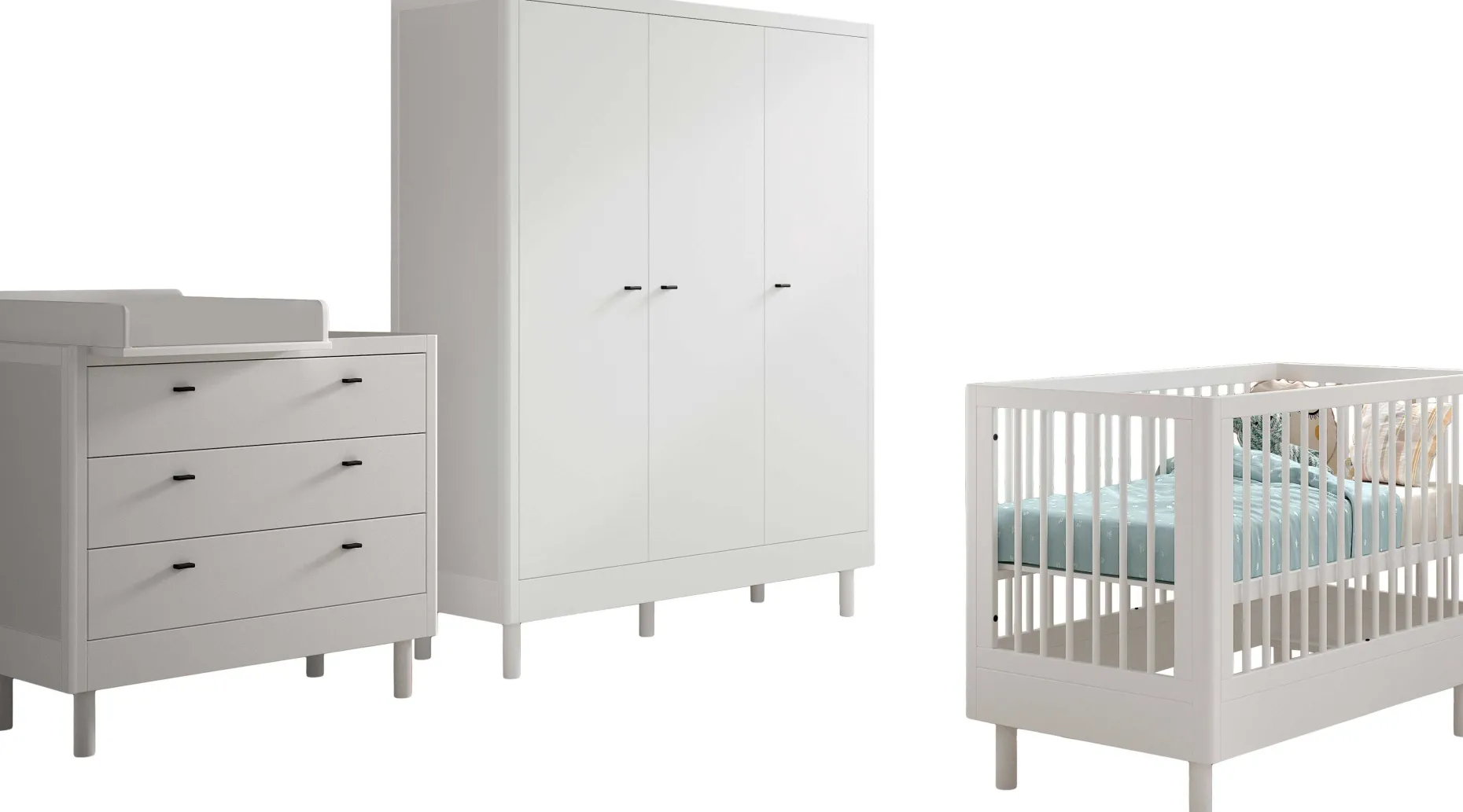 Babyzimmer Forrest: Babybett 60x120cm, Kommode mit Windelregal, Kleiderschrank - Weißbuche