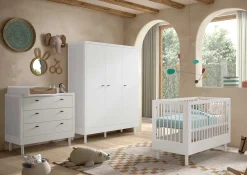 Babyzimmer Forrest: Babybett 60x120cm, Kommode mit Windelregal, Kleiderschrank - Weißbuche