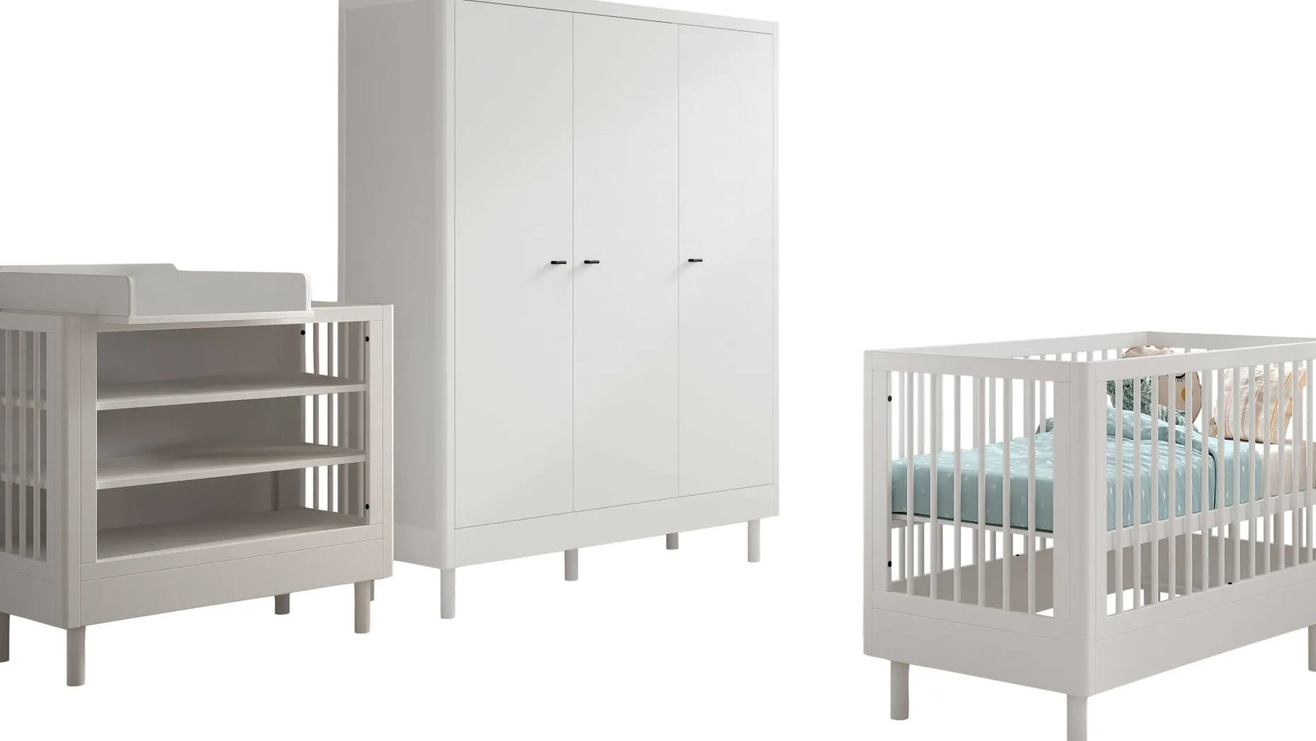 Babyzimmer Forrest: Babybett 60x120cm, Wickeltisch, Kleiderschrank - Weißbuche