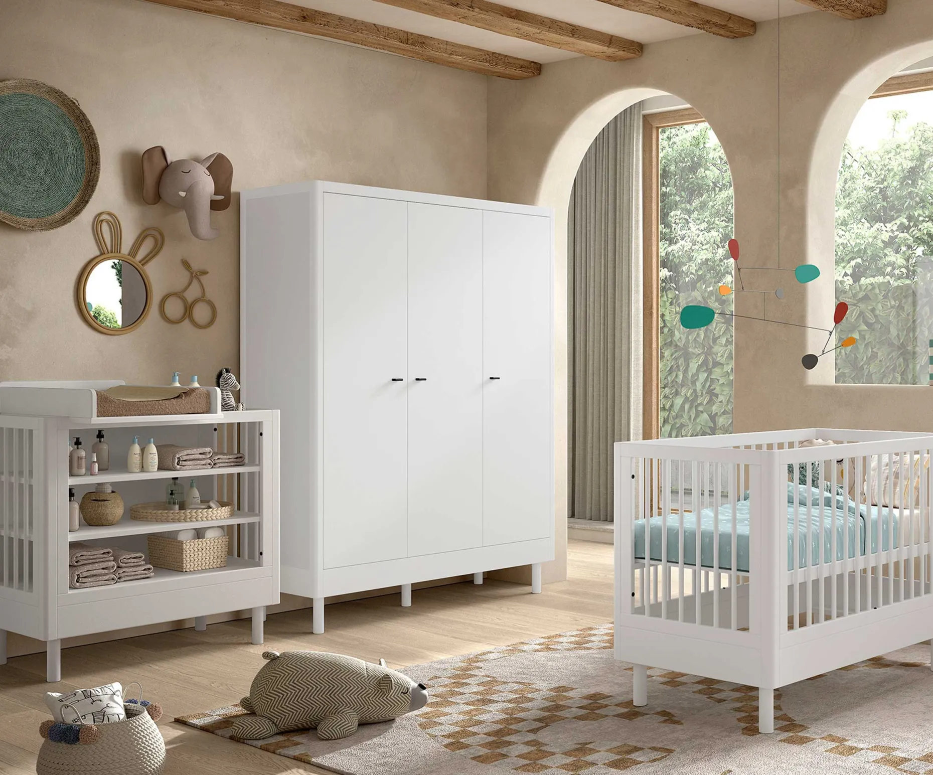 Babyzimmer Forrest: Babybett 60x120cm, Wickeltisch, Kleiderschrank - Weißbuche