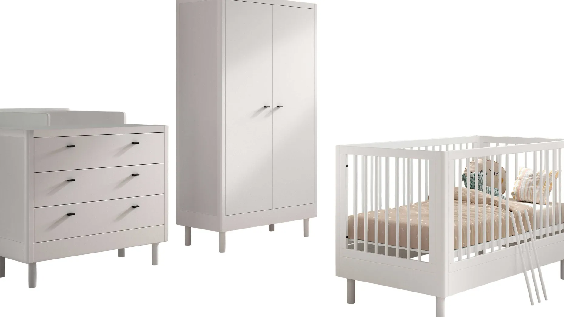 Babyzimmer Forrest: Babybett 70x140cm, Kommode mit Windelregal, Kleiderschrank - Weißbuche