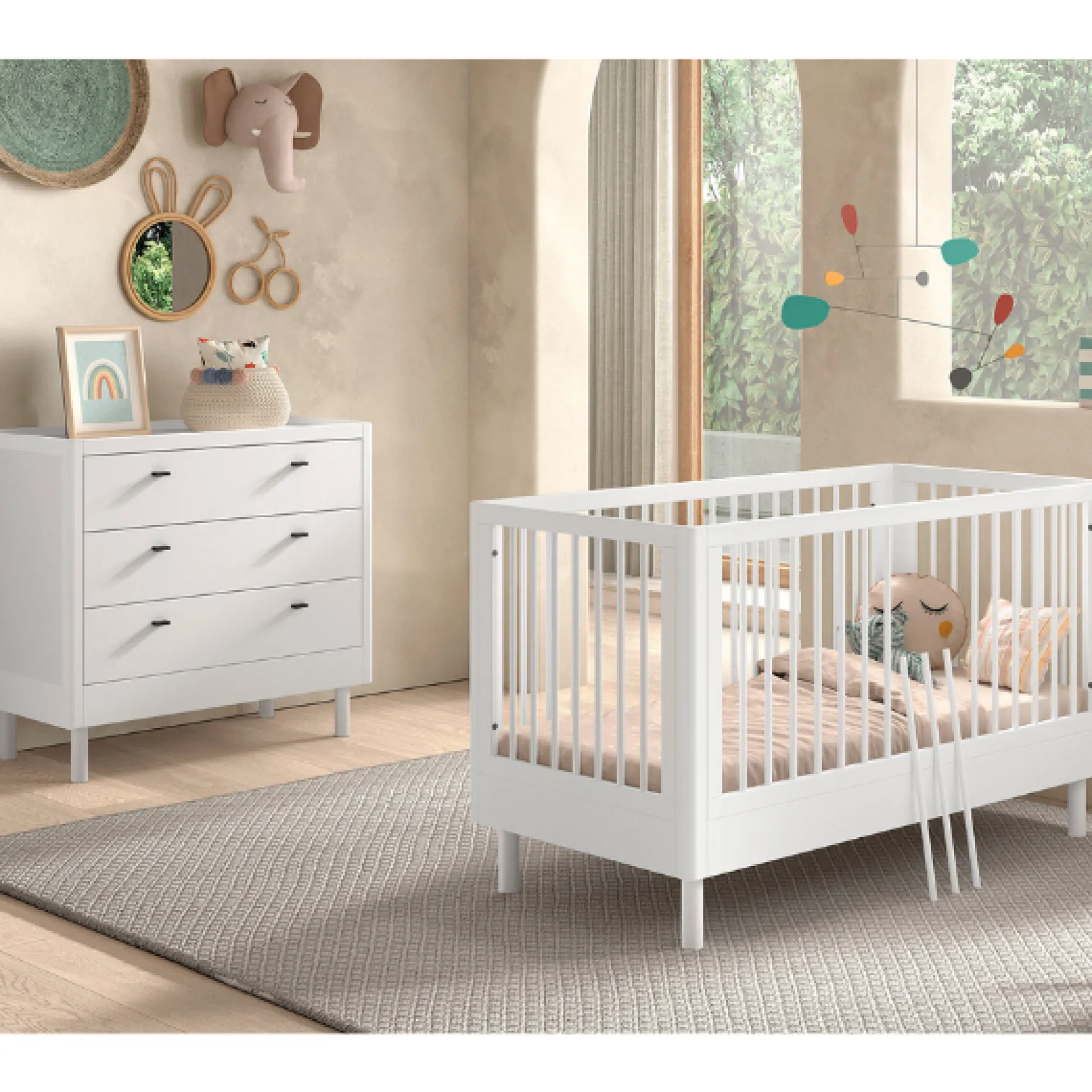 Babyzimmer Forrest: Babybett 70x140cm, Kommode - Buche weiß