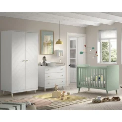 Babyzimmer-Set Billy - Zweitüriger Kleiderschrank, Kommode, Wickeltisch & Babybett - Grün/Weiß
