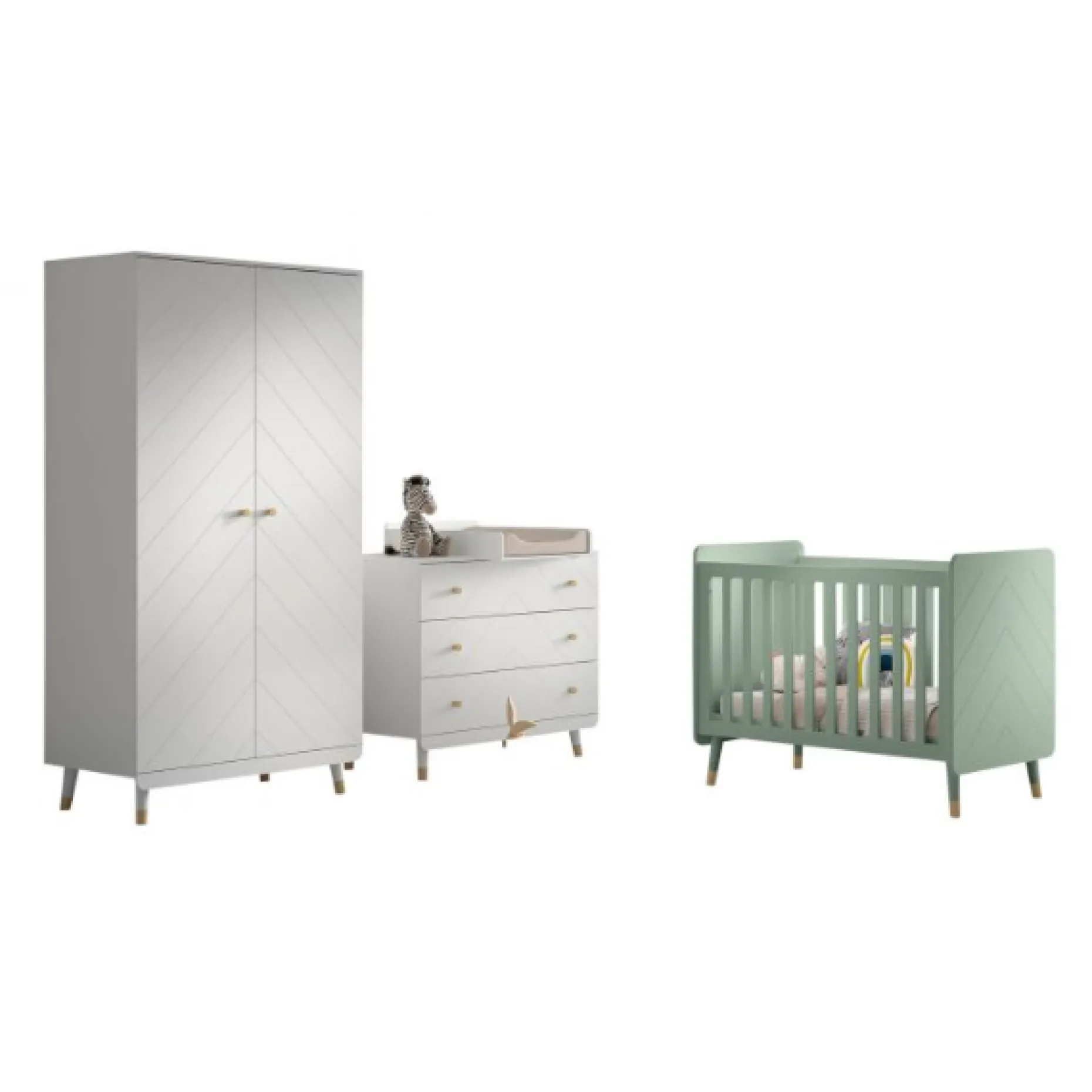 Babyzimmer-Set Billy - Zweitüriger Kleiderschrank, Kommode, Wickeltisch & Babybett - Grün/Weiß