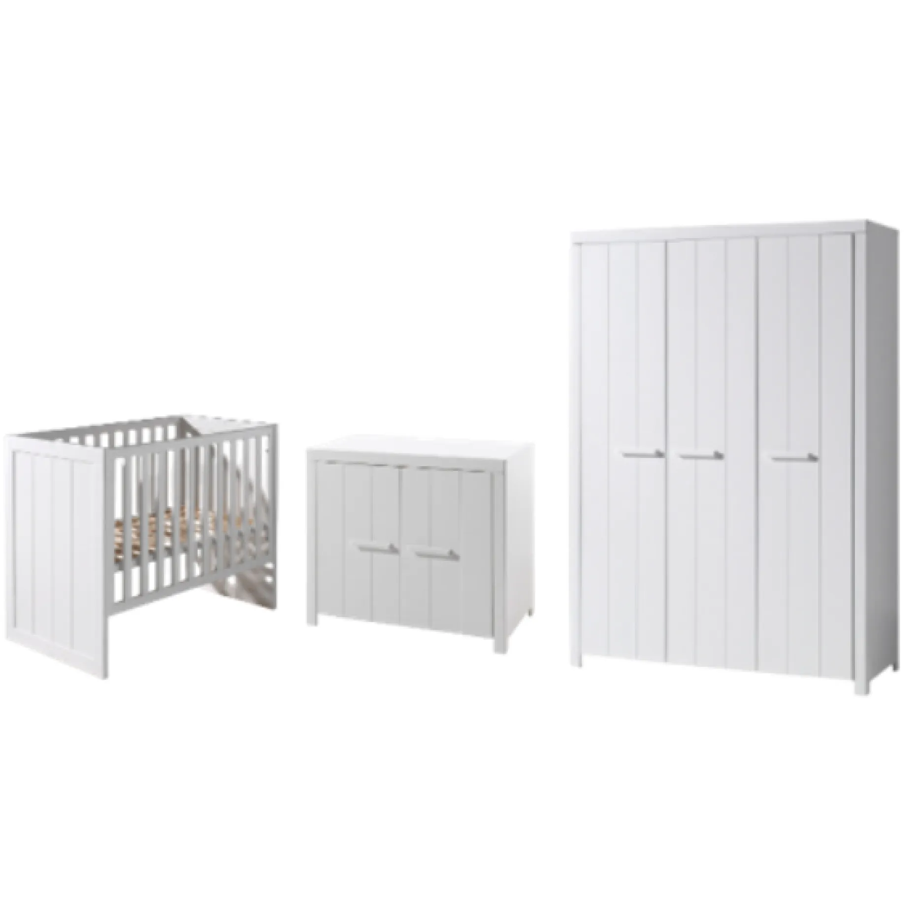 Babyzimmer-Set Erik - Zweitüriger Kleiderschrank, Kommode, Wickeltisch & Babybett - MDF/Weiß