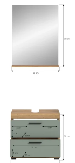 Badezimmerkombination Scout Xonox - Sagegrün & Artisan Eiche - 60x191x34 cm