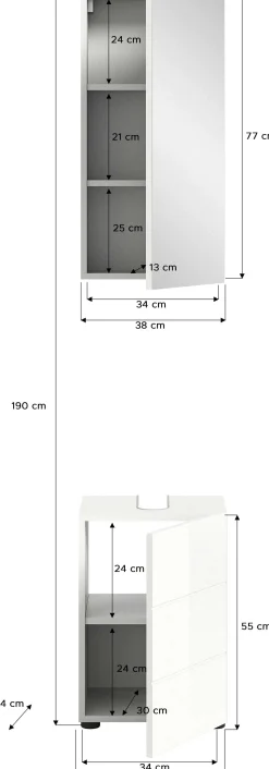 Badezimmerkombination Vira Xonox - Melamin Glashochglanz - 38x190x34 cm - Weiß