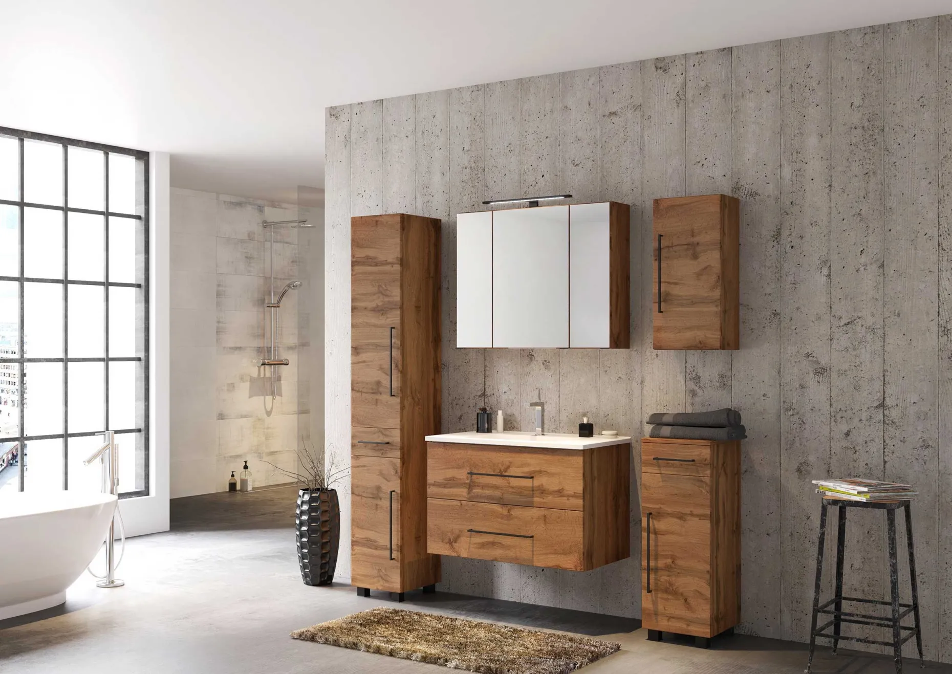 Badezimmerschrank Dusan 30 cm mit 1 Tür und 1 Schublade - wotan Eiche Dekor