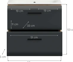 Badezimmerschrank Ice Xonox - mit Keramikwaschbecken - 60x55x46 cm - Mattschwarz & Nox Oak