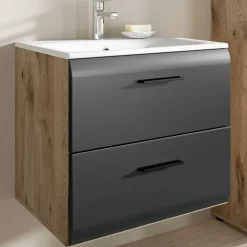 Badezimmerschrank Ice Xonox - mit Keramikwaschbecken - 60x55x46 cm - Mattschwarz & Nox Oak