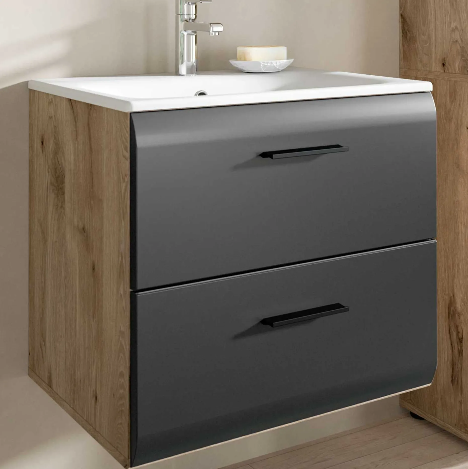 Badezimmerschrank Ice Xonox - mit Keramikwaschbecken - 60x55x46 cm - Mattschwarz & Nox Oak