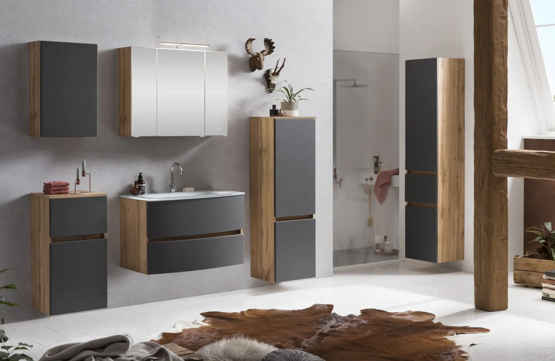 Badezimmerschrank Kornel/Luna 40cm 1 Tür und 1 Schublade - Eiche/mattgrau