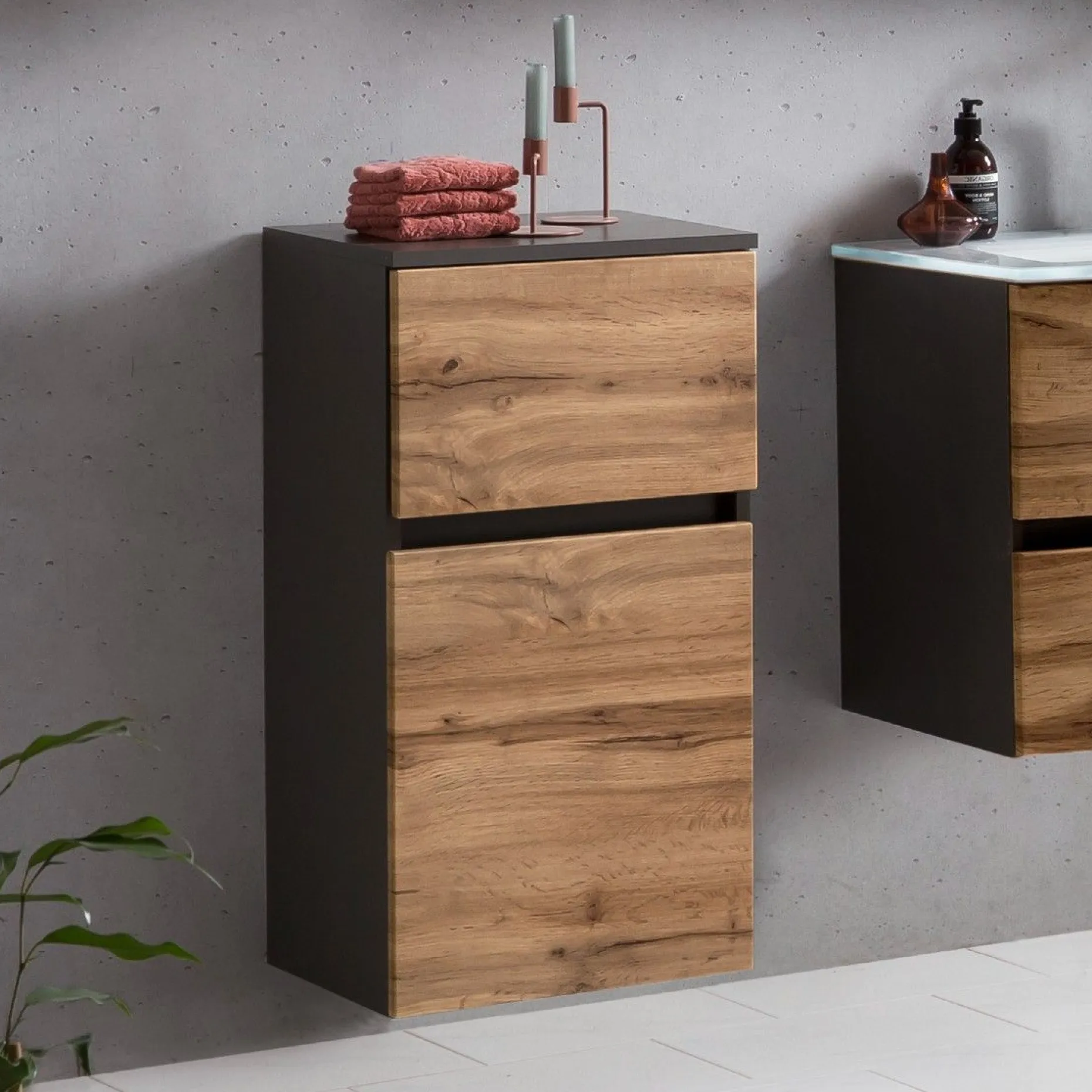 Badezimmerschrank Kornel/Luna 40cm 1 Tür und 1 Schublade - Graphitgrau/Eiche