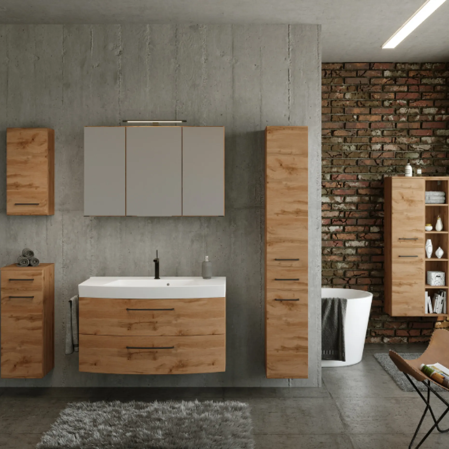 Badezimmerschrank Malvo 30cm 1 Tür und 1 Schublade - Eiche/schwarz