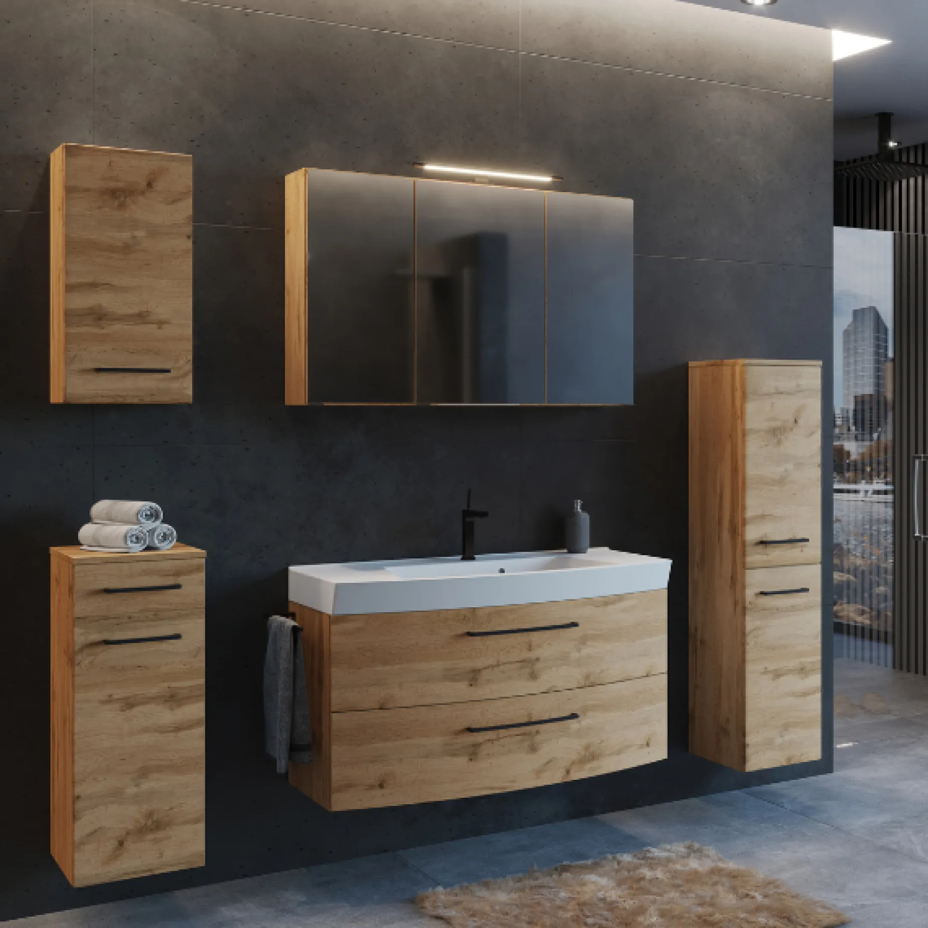 Badezimmerschrank Malvo 30cm 2 Türen - Eiche/schwarz