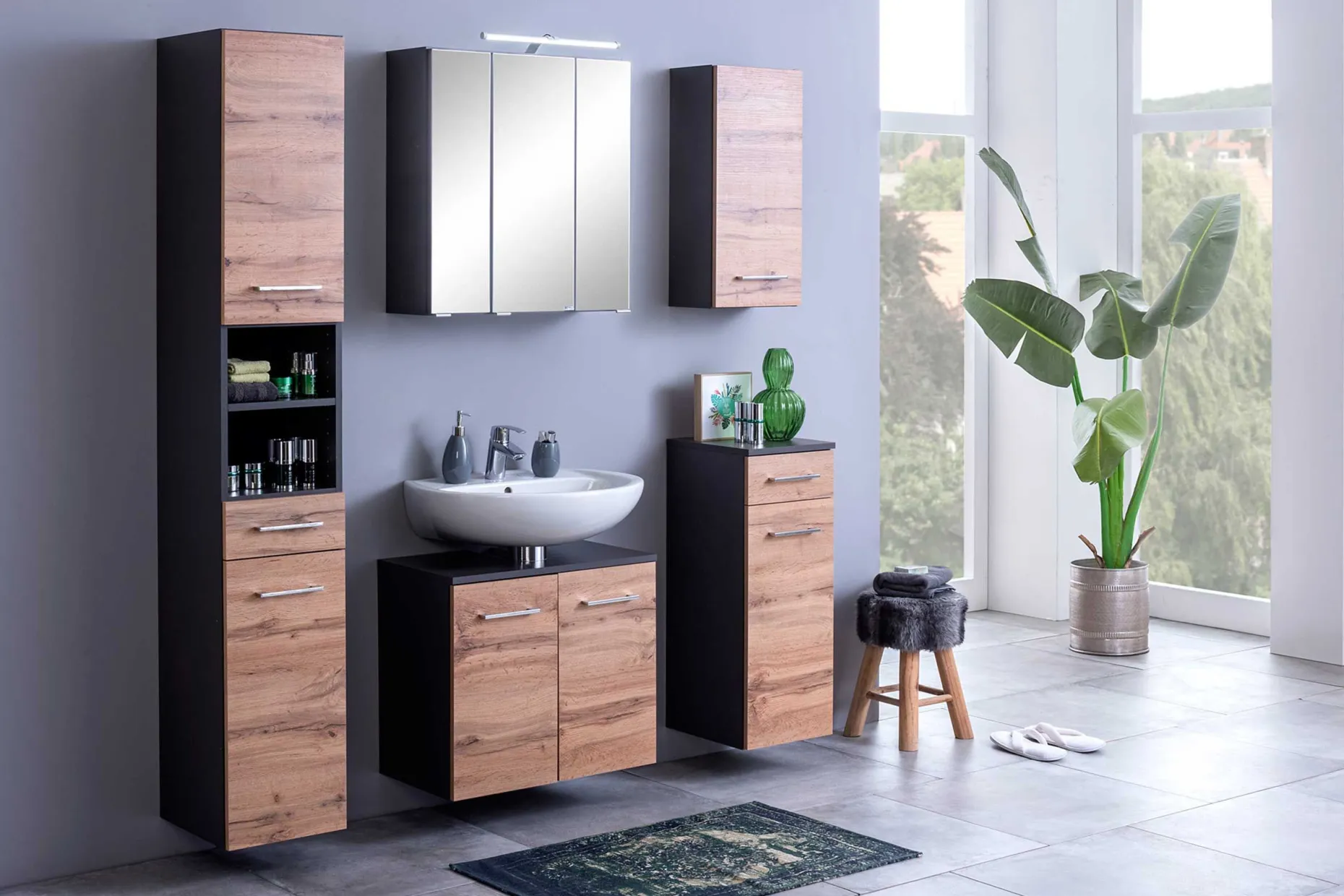 Badezimmerschrank Pares 30cm 1 Tür und 1 Schublade - Graphit/Eiche Rotbraun