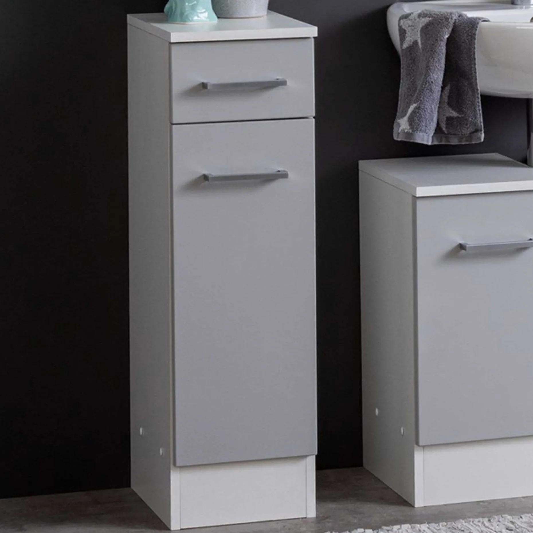 Badezimmerschrank Ricca 25cm 1 Tür und 1 Schublade - weiß/hellgrau