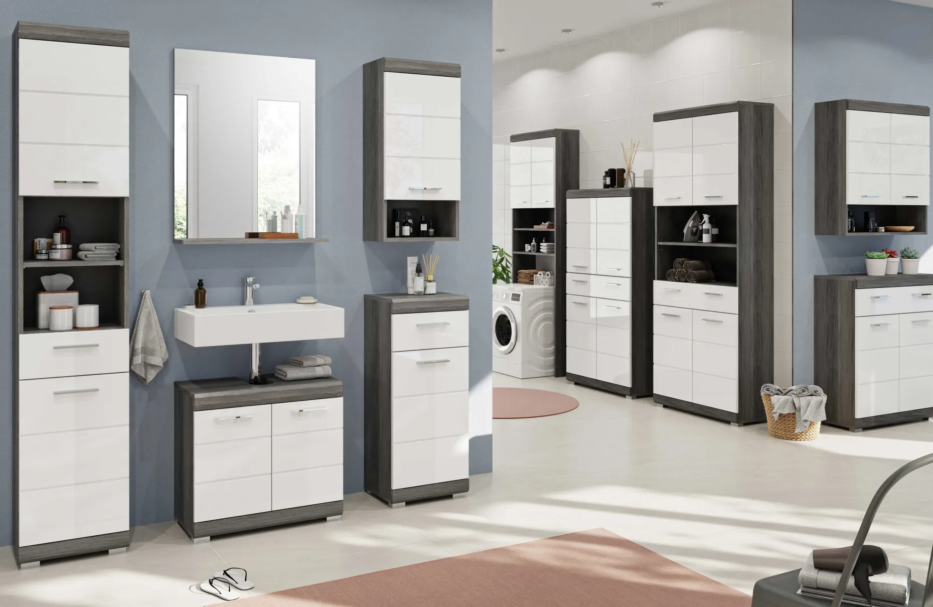 Badezimmerschrank Scout Xonox – Smoke Silver/Weiß Hochglanz – 60x56x34 cm