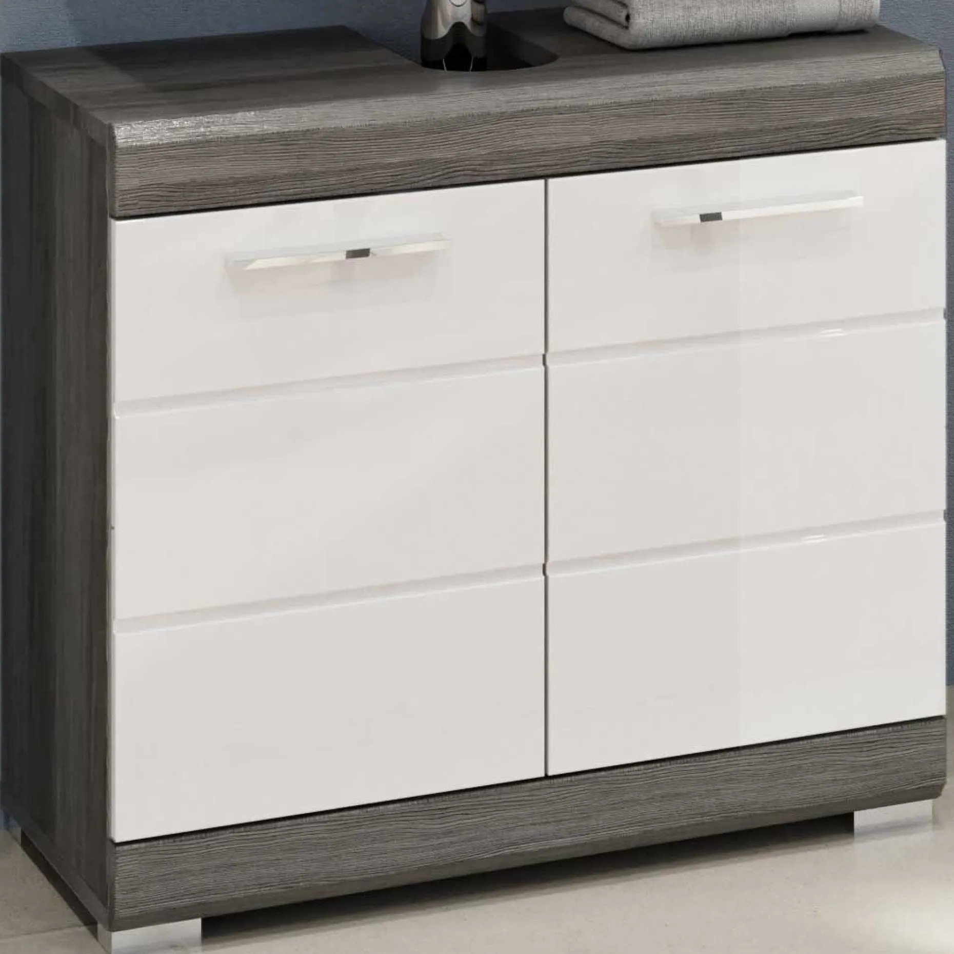 Badezimmerschrank Scout Xonox – Smoke Silver/Weiß Hochglanz – 60x56x34 cm