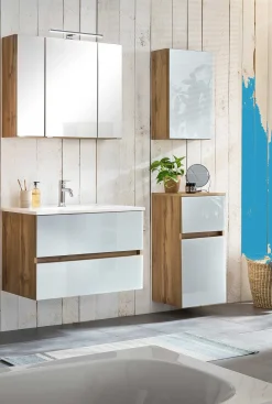 Held Badezimmerset Helsinki | Waschtischschrank, Spiegelschrank, Hängeschrank, Seitenschrank | Wotan Eiche/weißes Design