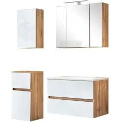 Held Badezimmerset Helsinki | Waschtischschrank, Spiegelschrank, Hängeschrank, Seitenschrank | Wotan Eiche/weißes Design