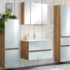 Held Badezimmerset Helsinki | Waschtischschrank, Spiegelschrank, Hängeschrank, Säulenschrank | Wotan Eiche/weißes-design