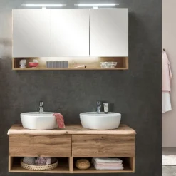Held Badezimmerset Kaprun | Doppelwaschtisch und Spiegelschrank mit Beleuchtung | Wotan Oak